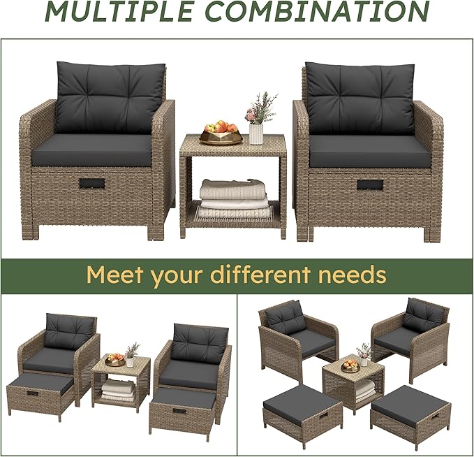 Balcony Furniture 5 Pieces Patio Set, Hand-Woven Rattan Patio Conversation Set with Soft Cushions & Coffee Table, Outdoor Chairs with Hidden Ottoman for Porch, Lawn, Garden, Balcony, Black