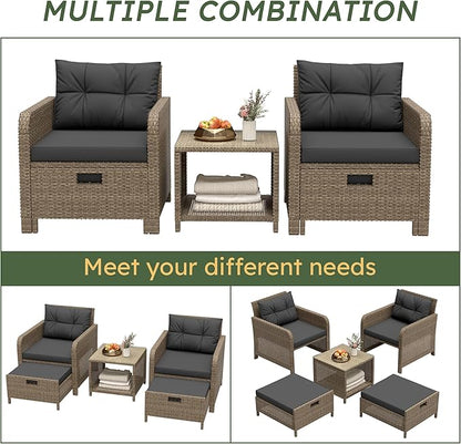 Balcony Furniture 5 Pieces Patio Set, Hand-Woven Rattan Patio Conversation Set with Soft Cushions & Coffee Table, Outdoor Chairs with Hidden Ottoman for Porch, Lawn, Garden, Balcony, Black