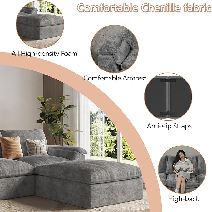 EASE MOOSE Boneless Modular Cloud Couch, U-Shaped Oversized Sectional Sofa for Living Room with Ottoman, Extra Large Movable Couches, 6-Deep-Seat Sofas for Bedroom, Apartment, Chenille (Grey)