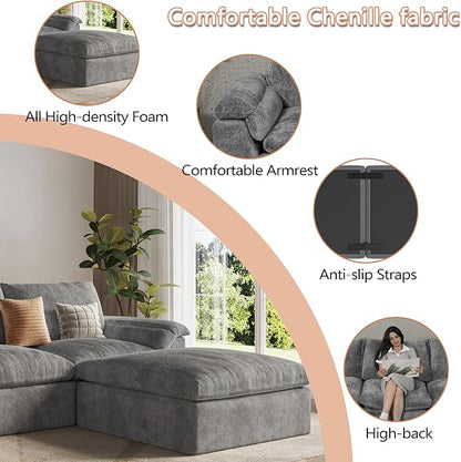 EASE MOOSE Boneless Modular Cloud Couch, U-Shaped Oversized Sectional Sofa for Living Room with Ottoman, Extra Large Movable Couches, 6-Deep-Seat Sofas for Bedroom, Apartment, Chenille (Grey)