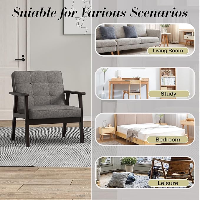 KCC Mid-Century Modern Linen Fabric Accent Chair Set of 2, Upholstered Tufted Leisure Chair Comfy Reading Side Chairs with Armrest and Solid Wood Frame for Living Room Bedroom Balcony(Gray)
