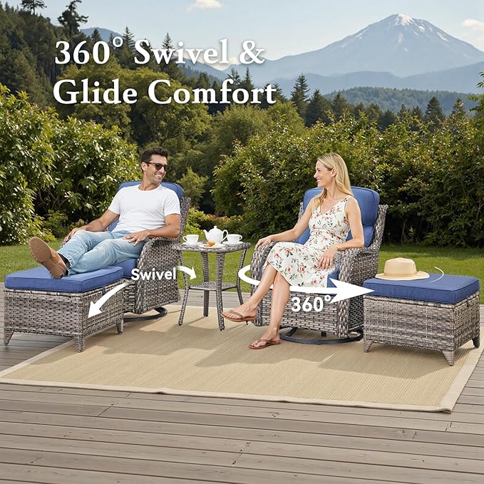 Belord Luxury 6" Thick Cushioned 11 Pieces Patio Furniture Set with Outdoor Couch, Wicker Outdoor Conversation Set with High Back Swivel Rocker Chairs for Deck Porch Yard and Poolside - Grey+Blue