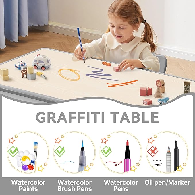 Kids Study Table and Chairs Set, Height Adjustable Toddler Table and Chair Set for Kids Ages 3-8, 23.6" L x 23.6" W Graffiti Desktop Plastic Children Art Table with 4 Seats, W-Grey