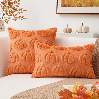 Kevin Textile Fall Pillow Covers 16x16 Inch Set of 2 Soft Pumpkins Decorative Square Pillowcases Plush Autumn Faux Fur Cushions Harvest Gift for Couch Sofa Chair Bedroom Home Decor, Orange