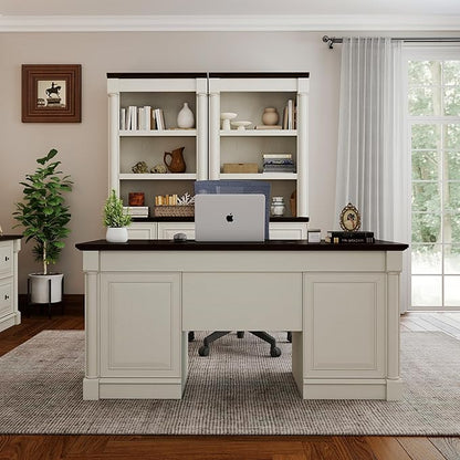 61.85″ Executive Desk with Roman Column Design, Large Boss Office Desk 3 Drawers incl. File Drawer, Keyboard Tray, Cabinet Shelf with Door, White with Brown Desktop