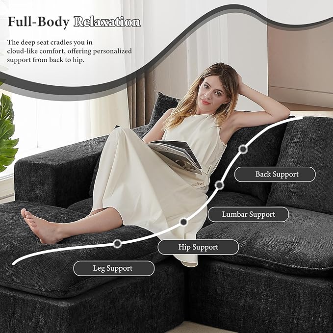 108" Sectional Couches for Living Room Boneless Couch Upholstered Cloud Couch Sectional Modular Sectional Sofa with L Shaped (Chenille-Black, 3 Seat+2 Ottoman)