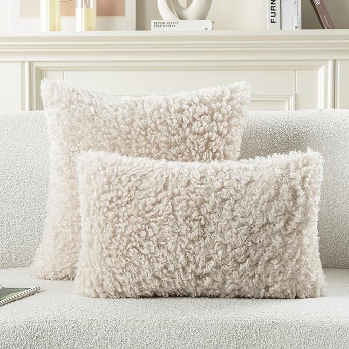 FUTEI Beige Decorative Throw Pillow Covers 12x20 Inch Set of 2,Soft Fluffy Faux Wool Fur Boucle Textured Lumbar Pillow Case,Modern Home Decor for Couch Bed Living Room Office
