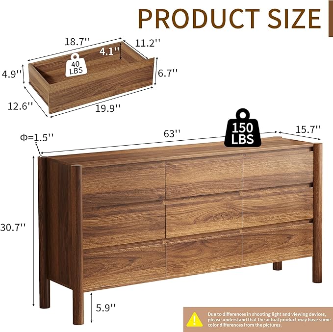 CHUWELL Dresser for Bedroom, 63" Wide Mid Century Modern Chest of Drawers with 9 Large Storage Space and 4 Solid Wood Cylindrical Legs, 9 Drawer Large Dresser for Bedroom(Walnut)