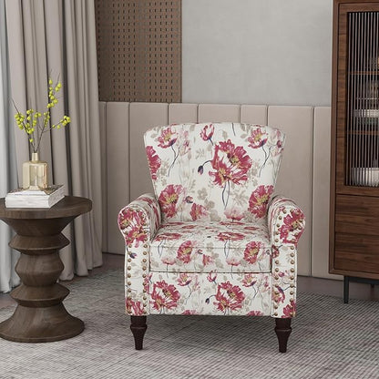 Accent Chair, Upholstered High Back Floral Armchair with Nailhead Trim & Wood Legs, Comfy Wingback Reading Single Sofa Chair for Small Spaces, Living Room, Bedroom (White Floral, Set of 2)