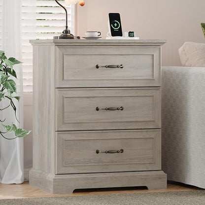 Farmhouse 3 Drawers Dresser for Bedroom, 24" Wide Modern Chest of Drawers with Deep Drawers & Bar Handles, Rustic Wood Nightstand, Wooden Closet Storage Organizer for Living Room, Hallway, Grey