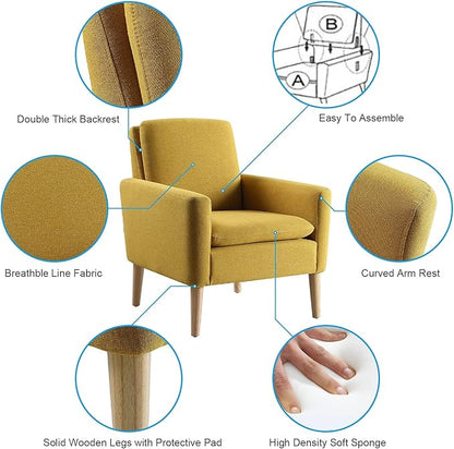 Lohoms Mid-Century Modern Accent Chair, Linen Fabric Upholstered Comfy Reading Leisure Chair for Living Room, Bedroom, Office, Waiting Room, Wood Legs, Mustard Yellow