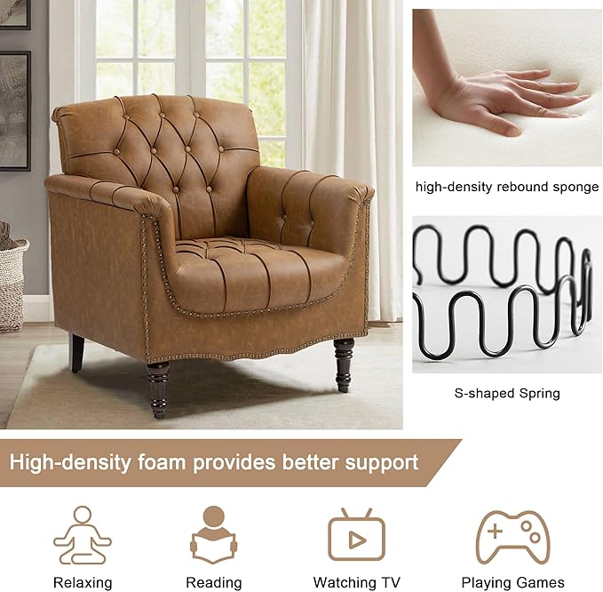 Lumibee Faux Leather Accent Chairs Set of 2, Contemporary Armchairs with Nailhead Trims & Wood Legs for Living Room, Upholstered Comfy Arm Chairs for Office,Bedroom-Camel