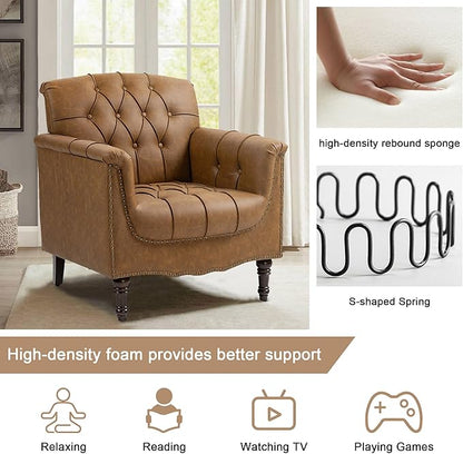Lumibee Faux Leather Accent Chairs Set of 2, Contemporary Armchairs with Nailhead Trims & Wood Legs for Living Room, Upholstered Comfy Arm Chairs for Office,Bedroom-Camel
