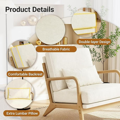 Claiks Mid-Century Modern Accent Chair, Living Room Armchair with Solid Wood Frame & Lumbar Pillow, Comfy Upholstered Lounge Chair for Bedroom, Office, Corduroy, Beige