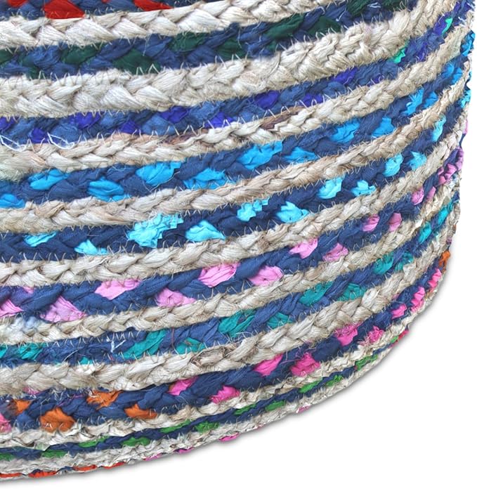 SIMPLIHOME Margo Boho Round Pouf in Blue Braided Jute for the Living Room, Bedroom and Kids Room