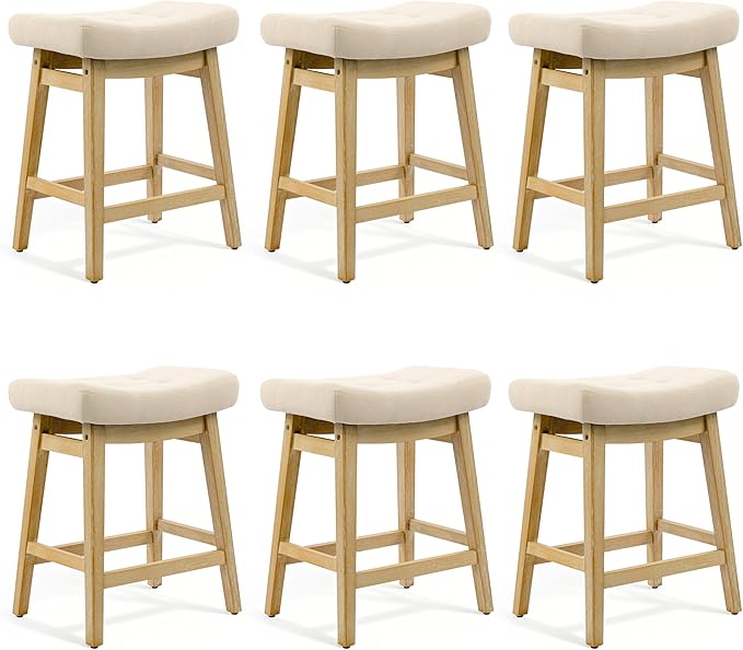 Counter Height Bar Stools Set of 6 for Kitchen Counter Farmhouse Modern Barstools with Upholstered Fabric Backless Seat and Solid Wood Legs 24 inch Bar Chairs, Khaki + Wood Color