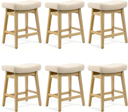 Counter Height Bar Stools Set of 6 for Kitchen Counter Farmhouse Modern Barstools with Upholstered Fabric Backless Seat and Solid Wood Legs 24 inch Bar Chairs, Khaki + Wood Color