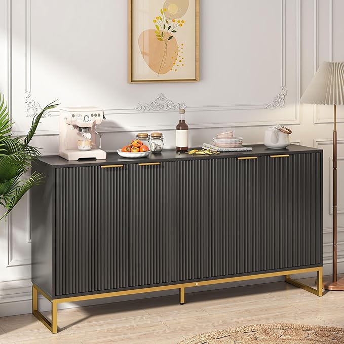 Fluted Accent Storage Cabinet, Kitchen Sideboard Buffet with 4 Fluted Doors, Adjustable Shelves for Living Room, Dining Room, Hallway (Black 4 Door)