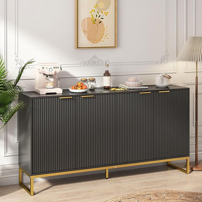 Fluted Accent Storage Cabinet, Kitchen Sideboard Buffet with 4 Fluted Doors, Adjustable Shelves for Living Room, Dining Room, Hallway (Black 4 Door)