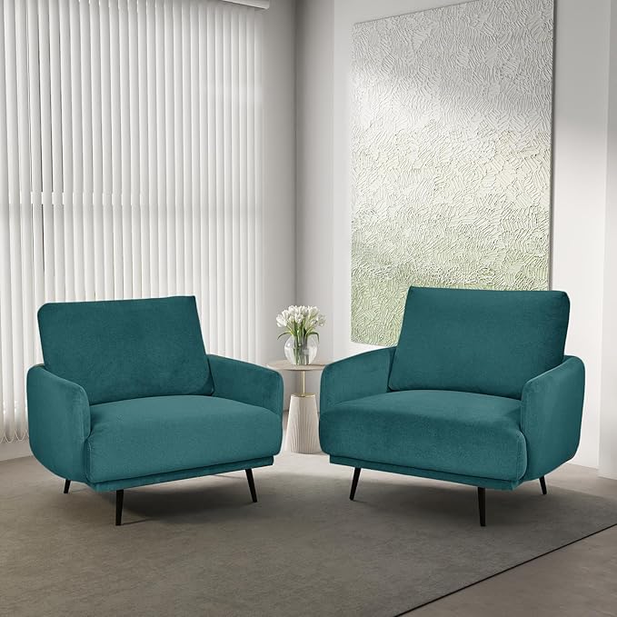 Oversized Accent Chair for Living Room Chairs Reading Arm Chair Comfy Modern Single Sofa Side Chairs with Metal Legs & Soft Cushion for Bedroom, Waiting Room (Velvet Dark Green, Set of 2)