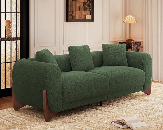 Morden Fort 2 Piece Cloud Couch Set, Modern Sherpa Boucle Sofa Set with Wood Legs, Skin-Friendly Minimalist Upholstered Comfy Couch Sofas for Living Room, 3-Seater Sofa & Accent Arm Chair, Green