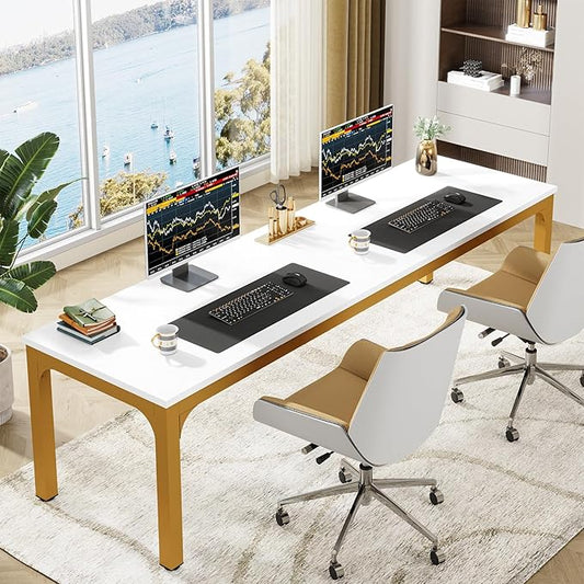 Tribesigns Modern 78.7 Inches Extra Long Computer Desk 2 Person Desk, Double Long Desk, Workstaion for Home Office, White+Gold