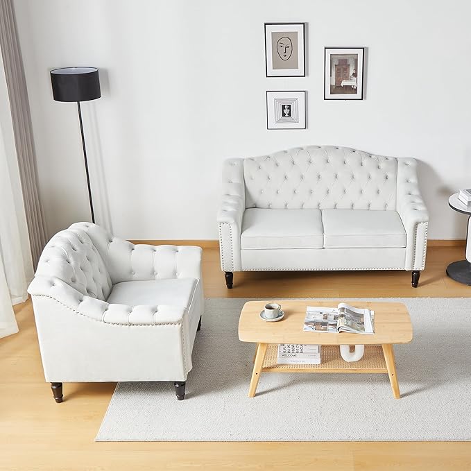 LEVNARY Chesterfield Loveseat Velvet, Upholstered Sofa with Button-Tufted Back, Mid-Century Modern Sofa with Solid Wood Legs, 2 Seater Couches for Living Room (White)