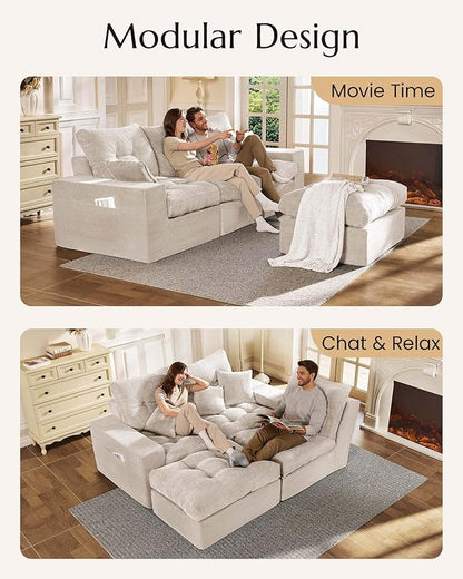 High Back Boneless Couch, L Shaped Cloud Couch with Versatile 2-Pack Pillow Blankets, Corduroy Modular Sectional Sofa with Ottoman, No Assemble Sectional Couches for Living Room, Warm White