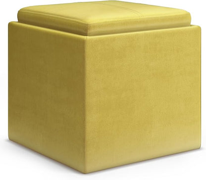 SIMPLIHOME Rockwood 18 inch Wide Contemporary Square Cube Storage Ottoman with Tray in Dijon Yellow Velvet Fabric, Assembled, For the Living Room, Entryway and Family Room