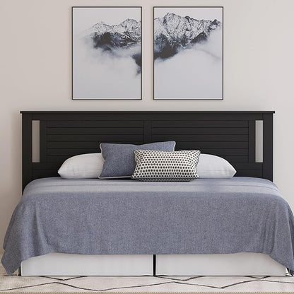 Serene Poplar Wood King Size Headboard in Black, Modern Farmhouse Panel with Horizontal Scoring, Casual Coastal Style, Easy Assembly, Quality Materials