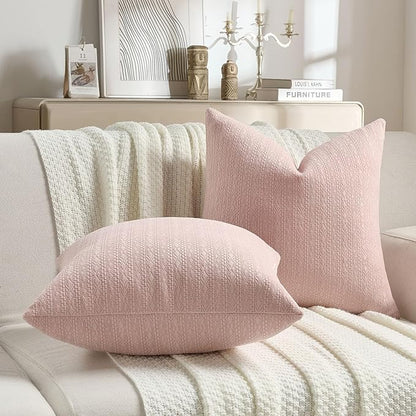 FUTEI Pink Chenille Throw Pillow Covers 16x16 Inch Set of 2,Soft Striped & Diamond Textured Cushion Cases,Modern Home Decor for Couch Living Room