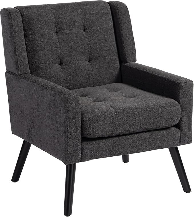 Mid-Century Modern Accent Chair, Plush Linen Fabric with Button Tufted High Back & 5" Thick Cushion, High Comfort Reading Chair for Living Room, Bedroom, Office (Dark Gray)