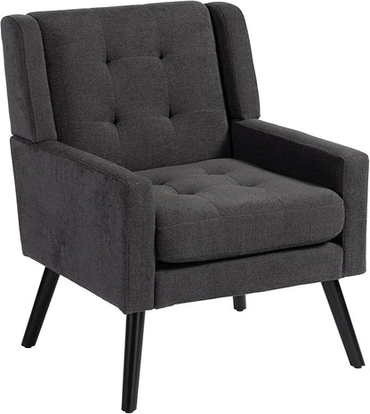 Mid-Century Modern Accent Chair, Plush Linen Fabric with Button Tufted High Back & 5" Thick Cushion, High Comfort Reading Chair for Living Room, Bedroom, Office (Dark Gray)