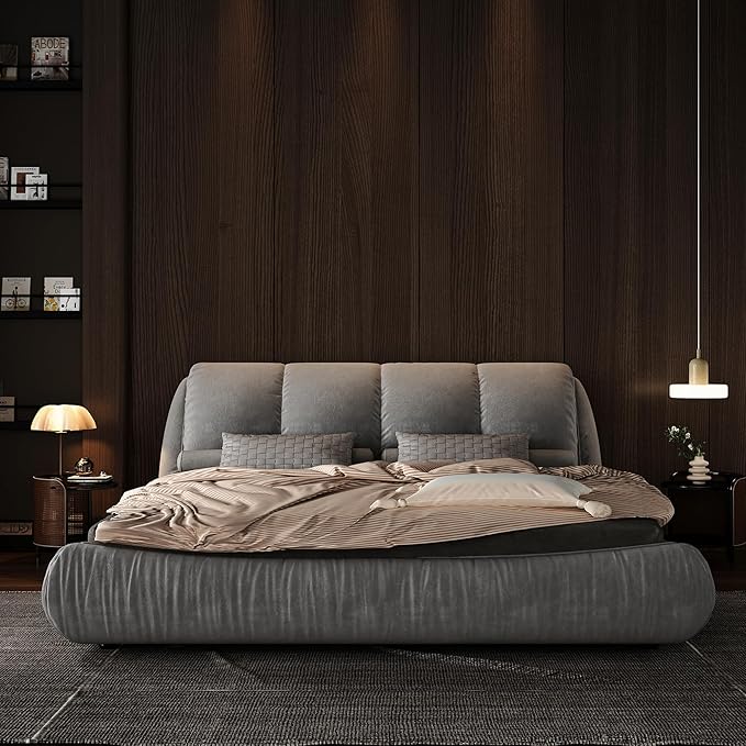 King Size Upholstered Platform Bed with Oversized Padded Backrest and Solid Wood Frame for Bedroom, Apartment Room, Gray