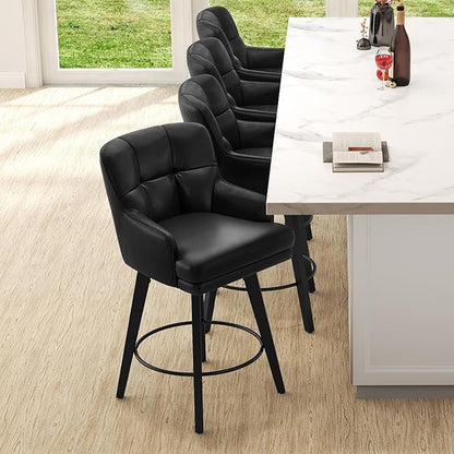 360°Swivel Counter Height Bar Stools with Back, 26 inch Solid Wood Legs, Bar Stool Modern Kitchen Island Chairs, Faux Leather (Black- Faux Leather, 26" H- Set of 1)