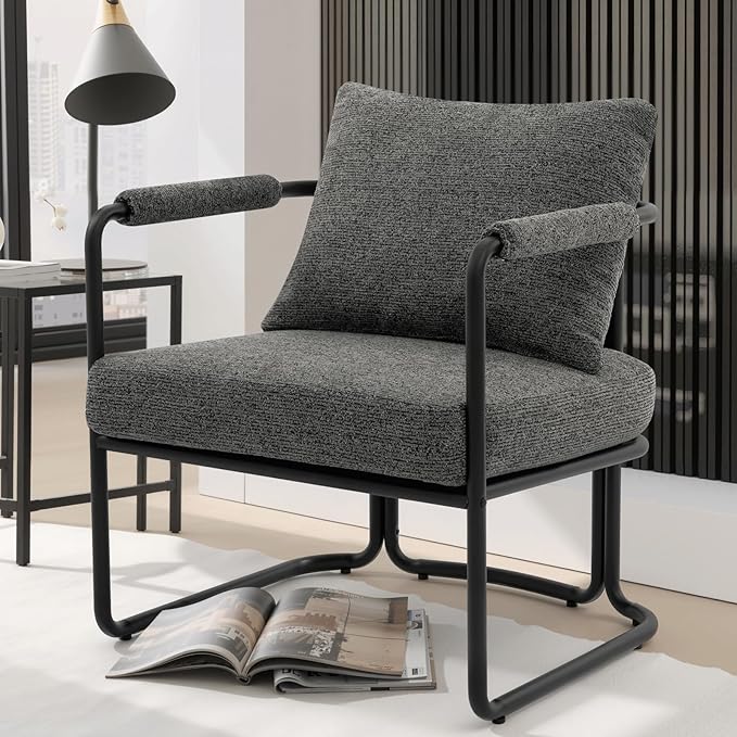 Accent Chairs Set of 2 for Living Room, Mid Century Modern Upholstered Reading Armchairs for Bedroom, Office, with Comfy Chenille Cushion & Metal Frame, Dark Grey