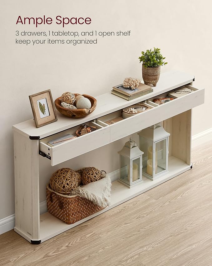 VASAGLE Console Table, 47.2 Inches Sofa Table, Narrow Entryway Table, Entry Table with 3 Drawers, Bottom Shelf, Metal Corners, for Living Room, Bedroom, Farmhouse Style, Rustic White ULNT143W73