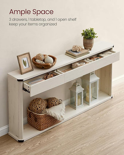 VASAGLE Console Table, 47.2 Inches Sofa Table, Narrow Entryway Table, Entry Table with 3 Drawers, Bottom Shelf, Metal Corners, for Living Room, Bedroom, Farmhouse Style, Rustic White ULNT143W73
