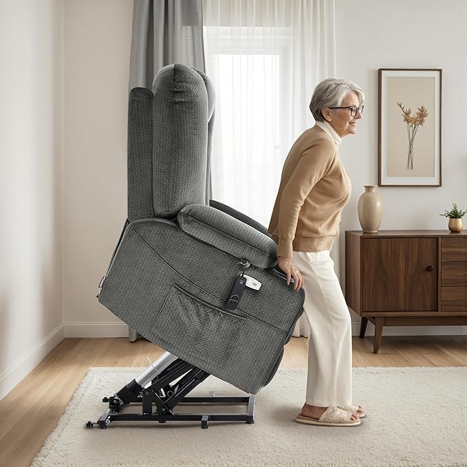 MCombo Oversized Power Lift Recliner Chair with Massage and Heat for Big and Tall Elderly People, Cup Holders, USB Ports, Side Pockets, Fabric R7541 (Grey, Large-Oversize)
