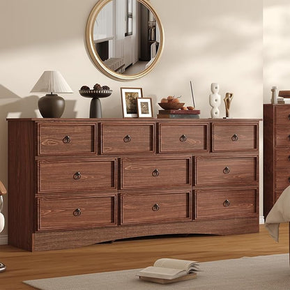 Farmhouse 10 Drawer Dresser for Bedroom – 63'' Long Dresser Wood Chest of Drawers,TV Stand for 75 inch TV, Storage Organizer Furniture, Hallway, Entryway, Closet, Cherry Wood