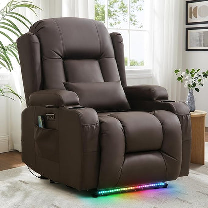 Power Recliner Chair with Heat and Massage, PU Leather Recliner Chair with Cup Holder, Reclining Sofa Home Theater Seating with LED Ambient Light, Side Pockets for Living Room and Bedroom, Brown