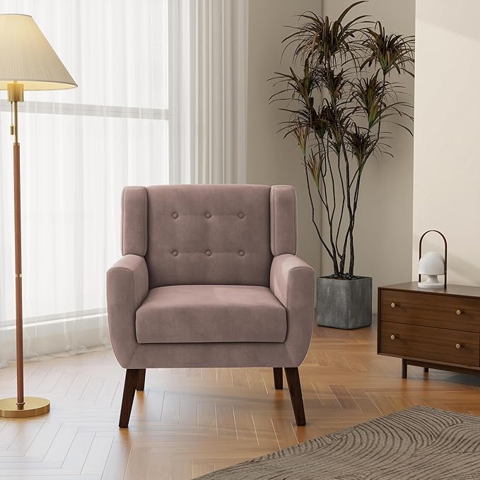 Accent Chair, Modern Velvet Arm Chair for Living Room, Bedroom, Comfy High-Resilient Sponge Reading Chair for Small Spaces （Velvet Silk Pink, Set of 1