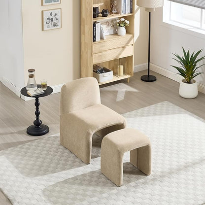 Accent Reading Chair with Ottoman, Chenille Upholstered Comfy Armless Accent Chair with Footrest Modern Side Lounger for Living Room Bedroom, Khaki