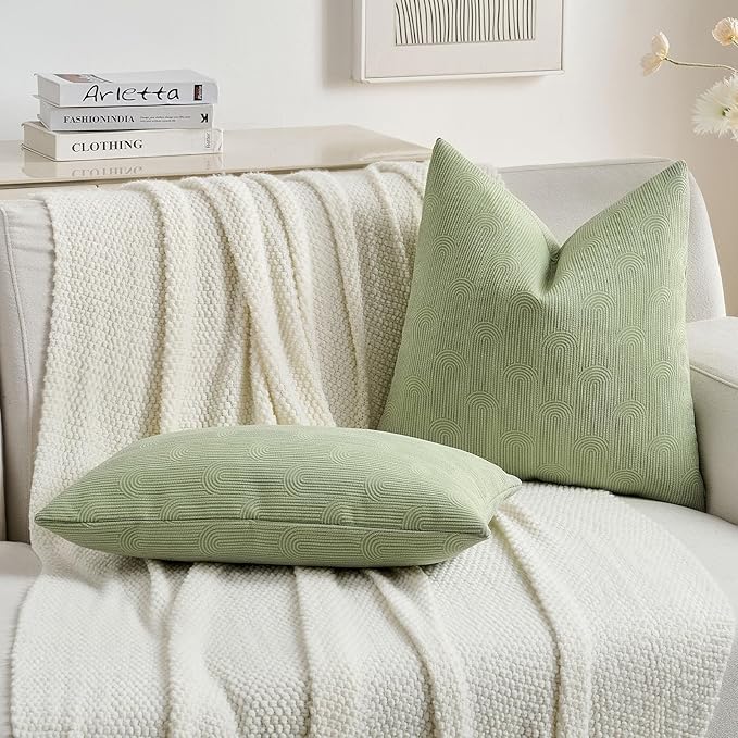 FUTEI Sage Green Chenille Decorative Throw Pillow Covers 18x18 Inch Set of 2,Soft Cozy Striped Geometric Patterns Cushion Case,Modern Home Decor for Couch Bed Living Room