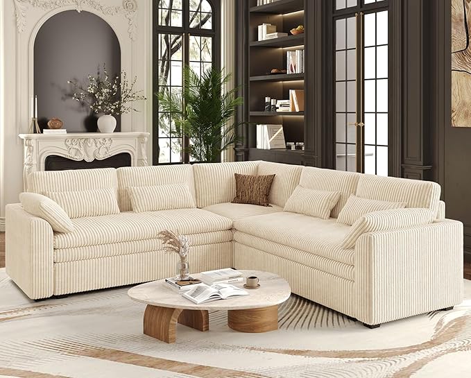 Belffin Large Modular Sectional Sofa with Double 61" Loveseat, Corduroy Corner Couch with 9" Soft Dual-Layer Seats Cushion for Living Room, Apartment, Small Sapce, Beige