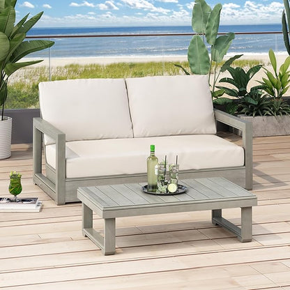 Christopher Knight Home Rammus 2 Pieces Outdoor Conversation Set, Acacia Wood Chat Set, Rectangular Coffee Table and Patio Loveseat Sofa, Slat Design Patio Furniture Set for Garden, Beige + Light Grey