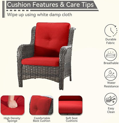 Patio Wicker Chairs Set of 2, Patio Rattan Dining Chairs with 3.5-inch Seat Cushions, High Back and Curved Armrest for Garden, Backyard, Balcony and Deck, Red
