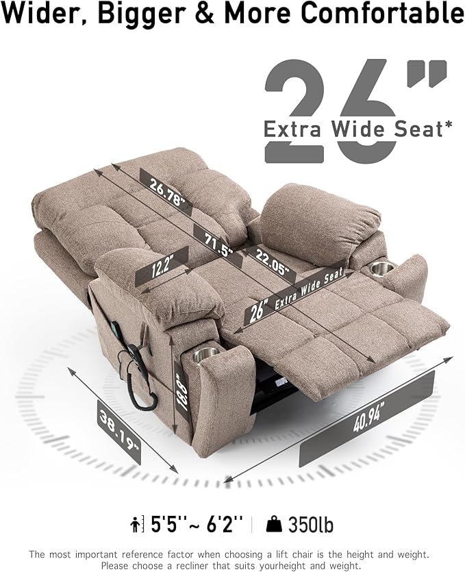 26in Extra Large Lazy Boy Recliner Chair for Tall Men Up to 6'2"/350lb Adjustment Power Lift Recliner Chair with Cupholder, Massage Chair Recliner with Lumbar Heating