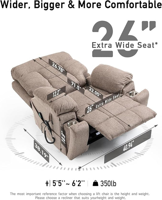 26in Extra Large Lazy Boy Recliner Chair for Tall Men Up to 6'2"/350lb Adjustment Power Lift Recliner Chair with Cupholder, Massage Chair Recliner with Lumbar Heating