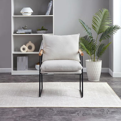 Accent Chair for Living Room,Arm Chair for Bedroom,with Wooden Arms, Wide Large Plus Size Cushion,Metal Frame,Reading Bedroom Chair Armchair for Home/Office/Cafe/Apartment/Waiting Room,White